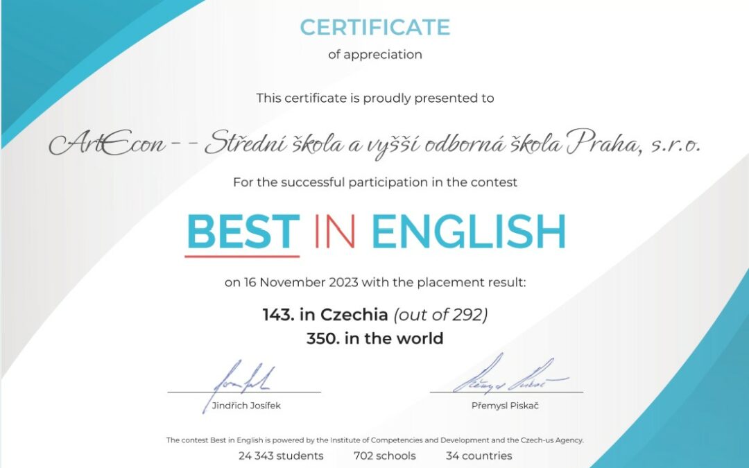 Ocenění úspěchů v mezinárodní soutěži Best-in-English