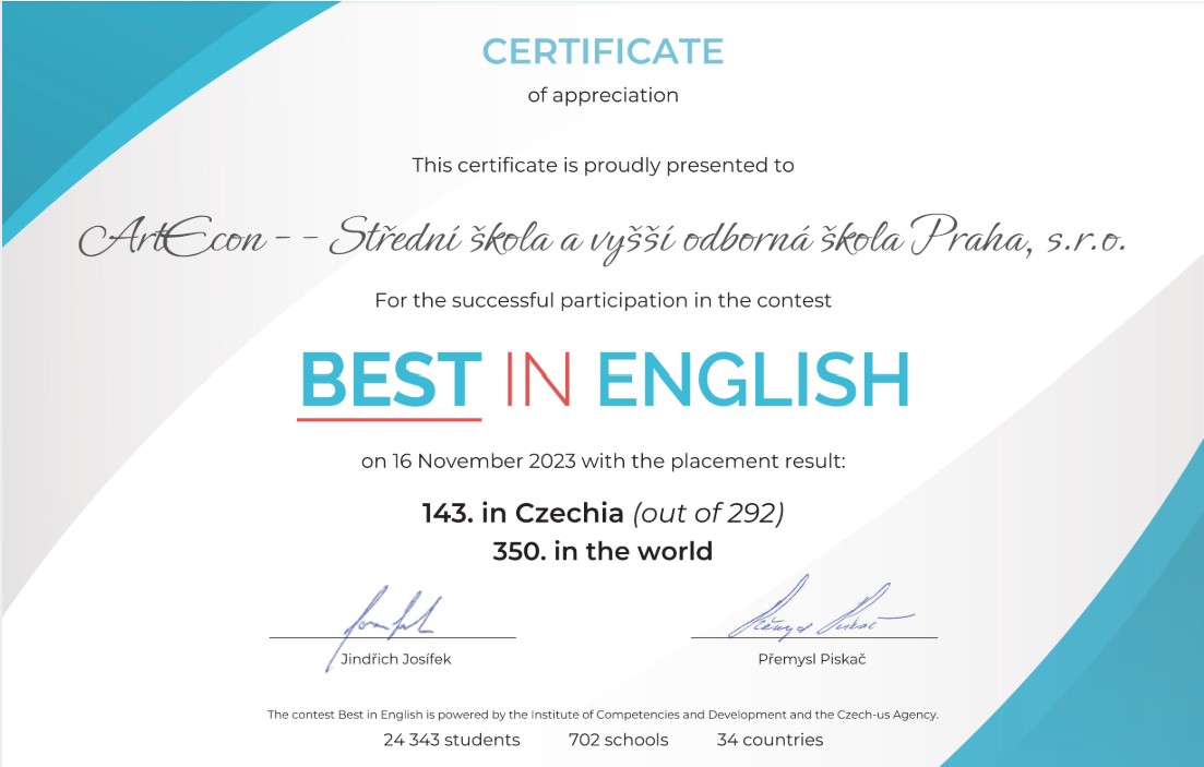 Ocenění úspěchů v mezinárodní soutěži Best-in-English